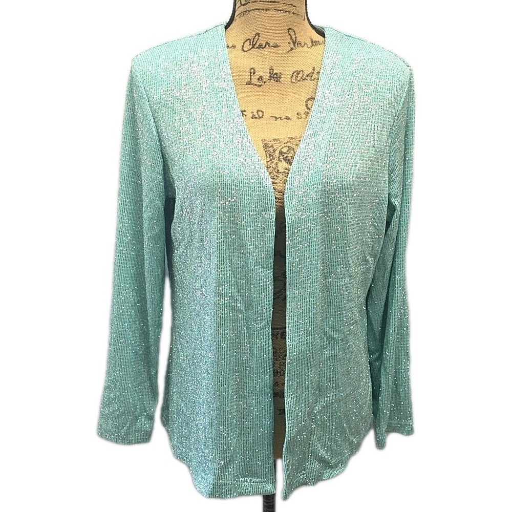 Vintage Ronni Nicole Aqua Shimmer Open‎ Front Cardigan sz L Glam Formal